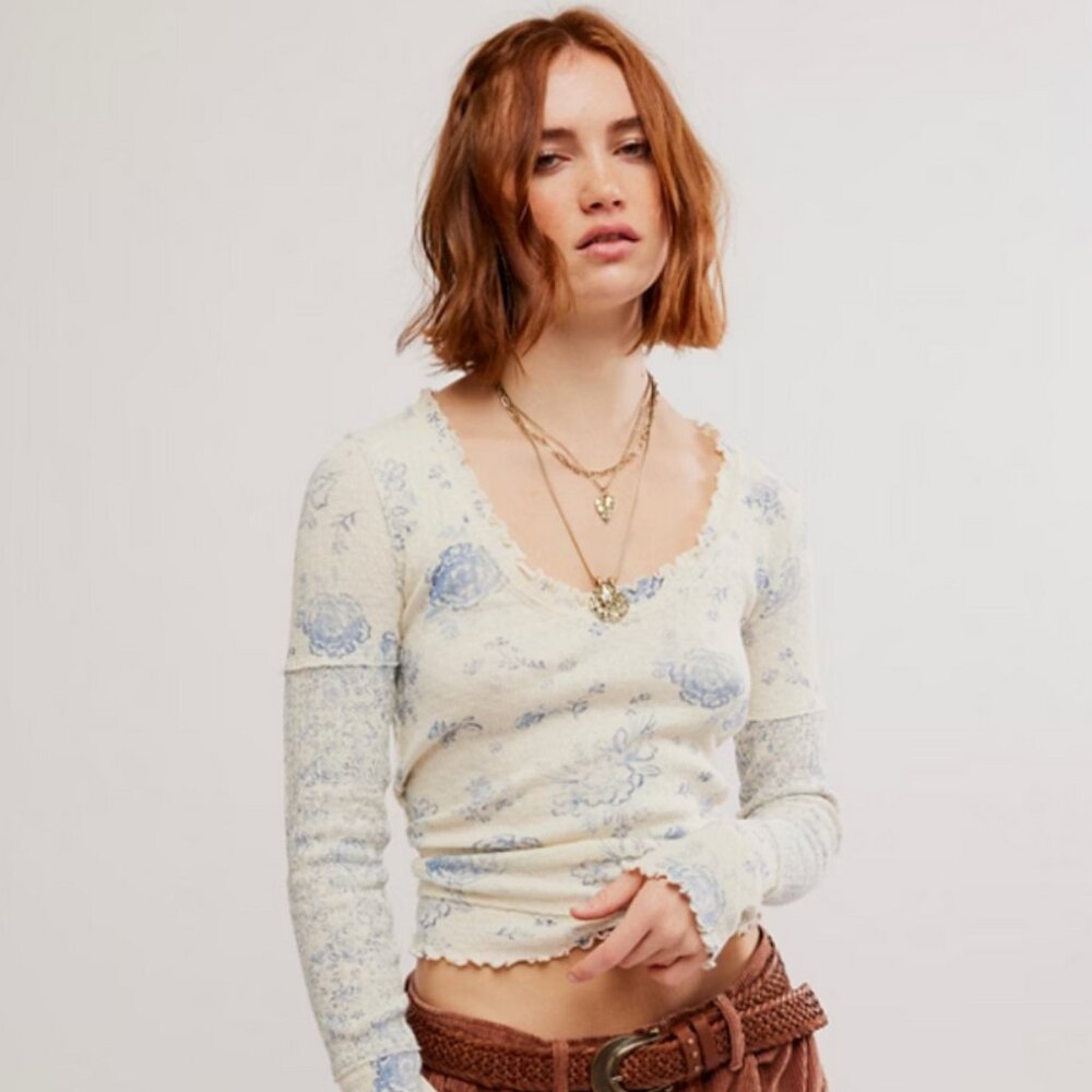 Free People We The Free Clover Print Thermal S Ivory Blue Oversized